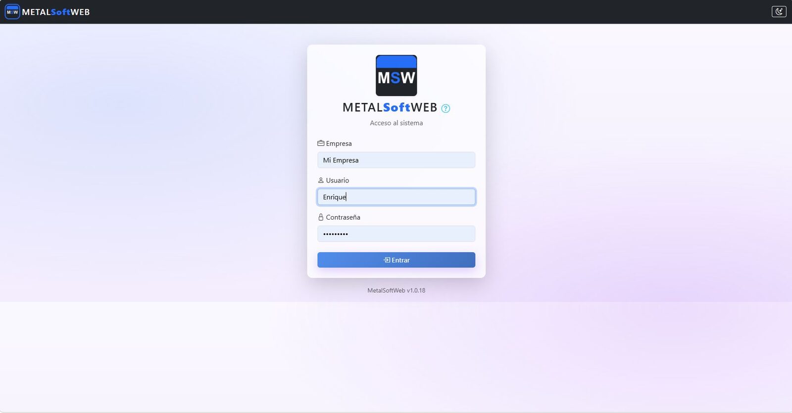 Pantalla de acceso de MetalSoftWeb