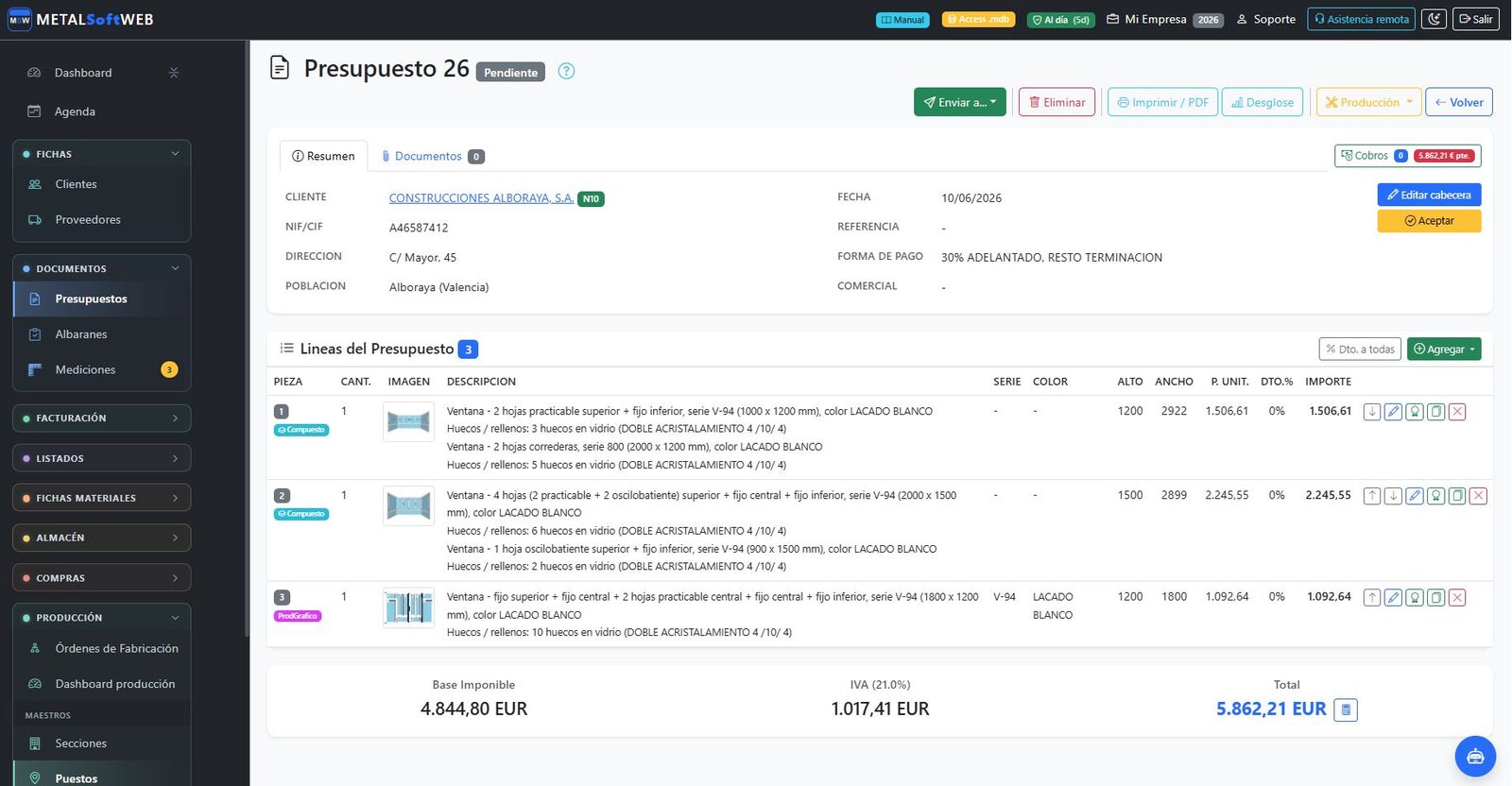 Presupuesto en MetalSoftWeb